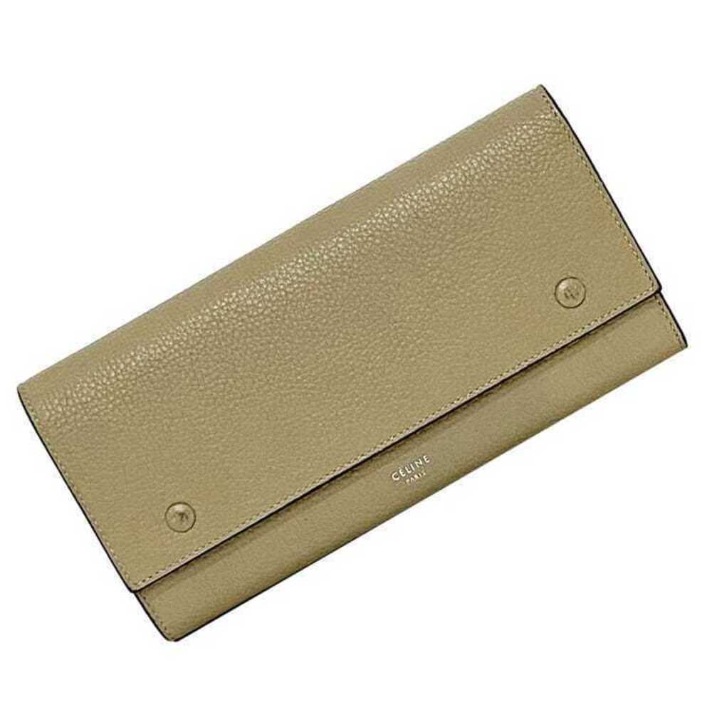 Celine Bifold Long Wallet Multifunction Beige Leather Flap Snap Grain Tan Red